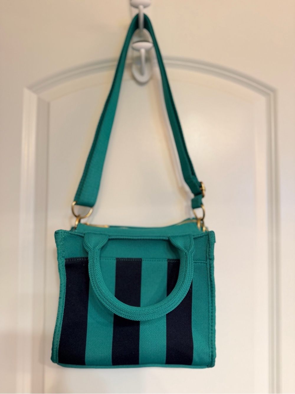 Teal and Black Striped Canvas Crossbody Tote